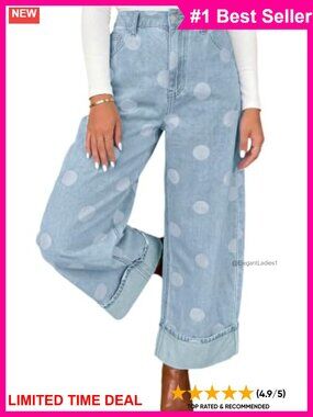 High Rise Wide Leg Crop Jeans Cuffed Hem Polka Dot Denim Pants